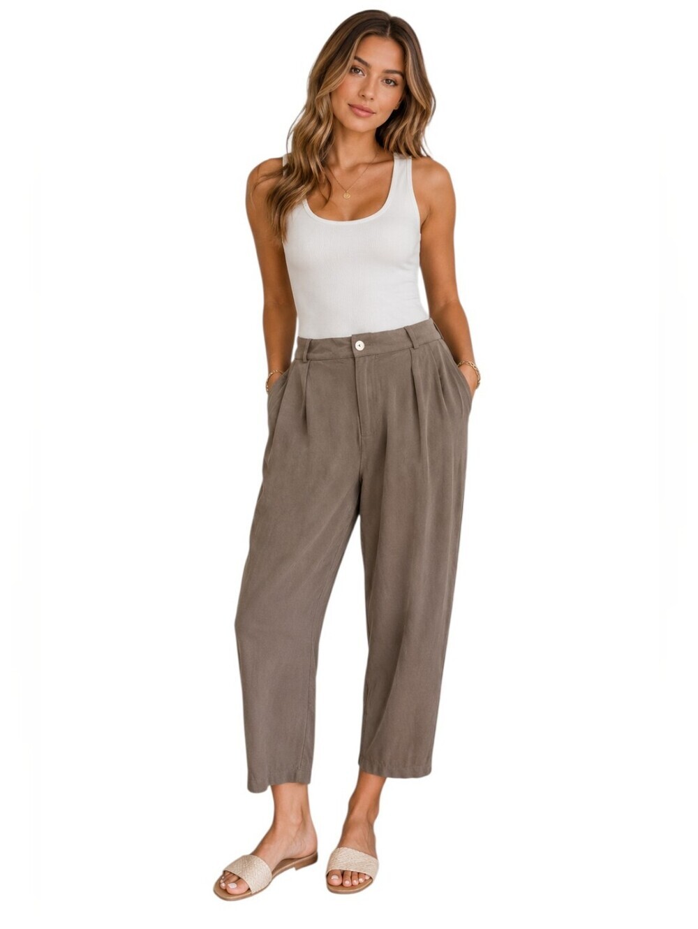 LOLA Premium 100% Rayon Olive Green Pleated Trousers – Tailored Ankle Pants.S